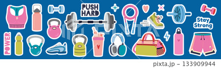 Colorful gym and workout sticker pack with weights, sportswear, drinks, accessories and motivational quotes. Die cut with white outline. Trendy modern flat vector illustration 133909944