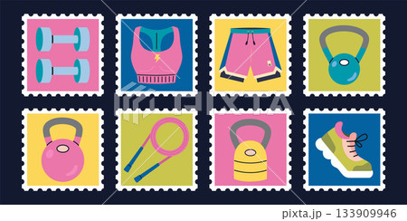 Collection of postage stamps with sports clothing, equipment and athletic icons. Trendy modern vector illustration, hand drawn, flat design 133909946