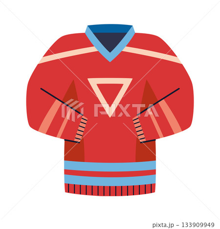 Red hockey jersey with geometric pattern, warm sports uniform for winter games. Trendy modern vector illustration isolated on white background, hand drawn, flat design 133909949