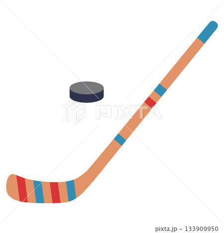 Hockey stick and puck in minimalist flat style, winter sport equipment. Modern vector illustration isolated on white background, hand drawn, flat design 133909950