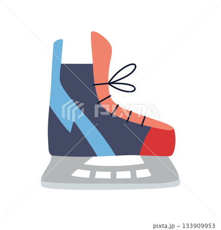 Ice hockey skate in red and blue tones, winter sport equipment. Modern vector illustration isolated on white background, hand drawn, flat design 133909953