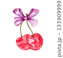 Hand drawn watercolor painting cherry with pink ribbon bow, on white background. Summer illustration of berries 133909999