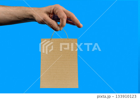 Hand with a shopping bag on blue background. Copy space advertising mock up 133910123
