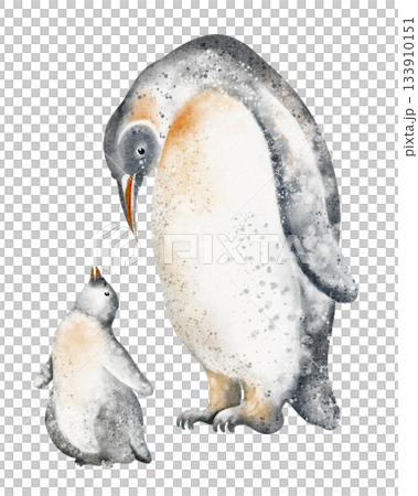 Penguin family illustration in watercolor. Father penguin and baby chick isolated on white background. Animal design and drawing for print or card. 133910151