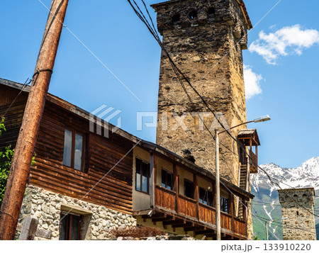 house and ancient svan tower in Mestia town, Georgia house and ancient svan tower in Mestia town, Georgia 133910220