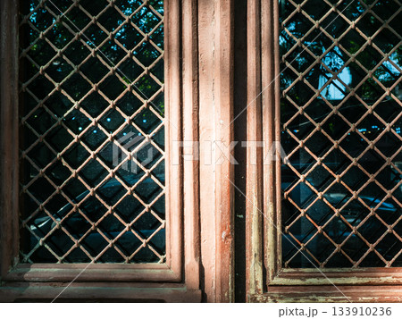 barred glass of old entrance door closeup barred glass of old entrance door closeup 133910236