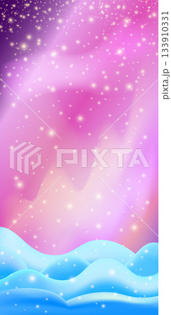 Realistic cartoon Chhristmas snow hills with falling snowflakes and northern lights vertical background. Winter vertical landscape design element with snow. north pole snowy fields and falling snow 133910331