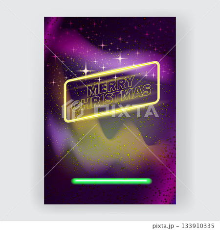 Merry Christmas square poster and banner with neon greeting text and night stars and lights. Merry Christmas flyer, card or invitation with starry space and text Merry Christmas square poster and banner with neon greeting text and night stars and lights. Merry Christmas flyer, card or invitation with starry space and text 133910335