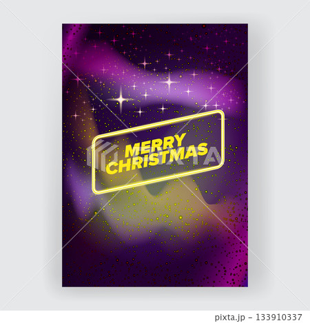 Merry Christmas square poster and banner with neon greeting text and night stars and lights. Merry Christmas flyer, card or invitation with starry space and text 133910337