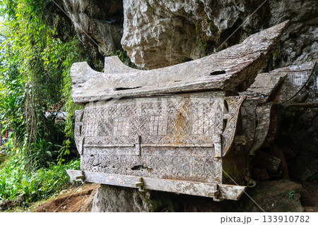 Carved cave tombs in a Toraja sanctuary, Sulawesi, Indonesia 133910782