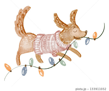 Watercolor dog running with garland lights. Christmas pet illustration for postcard, print, sticker, invitation. Cute animal art for Xmas design. 133911032