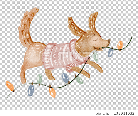 Watercolor dog running with garland lights. Christmas pet illustration for postcard, print, sticker, invitation. Cute animal art for Xmas design. 133911032