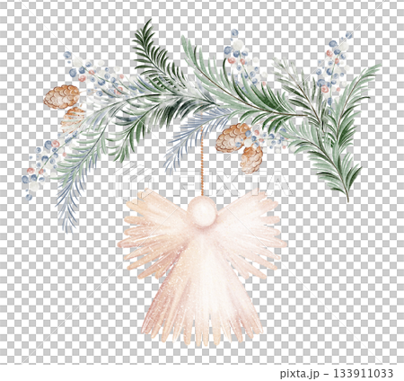 Christmas garland with fir branches, cones and hanging angel. Watercolor element for postcard and holiday design. Isolated ornament for xmas and new year. 133911033