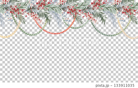 Seamless Christmas pine garland border with watercolor berries and beads. Evergreen frame for greeting card, banner and holiday design. Isolated winter decoration element. Seamless Christmas pine garland border with watercolor berries and beads. Evergreen frame for greeting card, banner and holiday design. Isolated winter decoration element. 133911035