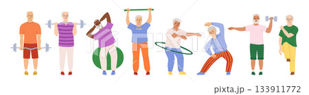 Older people play sports cartoon set old men senor running gym cardio yoga stretching jogging vector Older people play sports cartoon set old men senor running gym cardio yoga stretching jogging vector 133911772