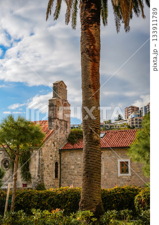 Photo of a tall palm tree standing in front of a historic church in the Old Town of Budva, Montenegro. Highlights medieval architecture, stone walls, narrow streets, and Mediterranean charm. Perfect Photo of a tall palm tree standing in front of a historic church in the Old Town of Budva, Montenegro. Highlights medieval architecture, stone walls, narrow streets, and Mediterranean charm. Perfect 133911789