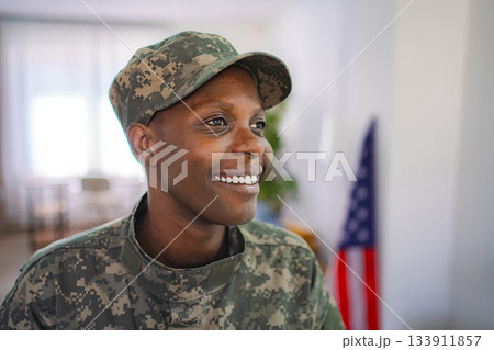 Smiling Military Personnel with American Flag Smiling Military Personnel with American Flag 133911857