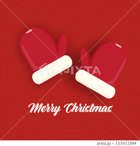 Merry Christmas greeting card and square banner vector design with cute kids warm red mittens on red abstract geometric background and greeting text. Vector merry Christmas cartoon banner with gloves Merry Christmas greeting card and square banner vector design with cute kids warm red mittens on red abstract geometric background and greeting text. Vector merry Christmas cartoon banner with gloves 133911994