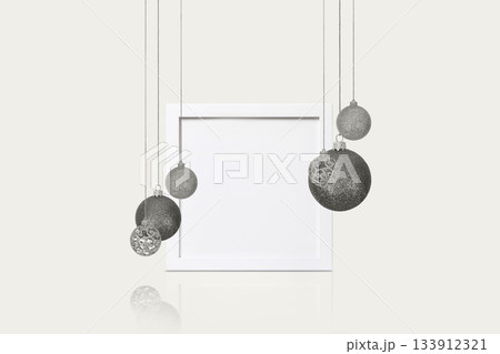 Demonstrating the colors of 2026 - Cloud Dancer. Christmas tree baubles and white border. Festive winter holiday background. Design with copy space for greeting card, text, advertising, banner 133912321