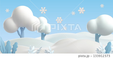 Winter forest nature, white playground 3D plastic style, vector winter nature, cartoon field covered with snow land 133912373