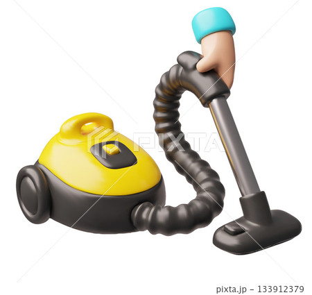 Vacuum cleaner on wheels in hand 3D cartoon plastic style vector icon, home appliances for cleaning floor, housekeeping 133912379