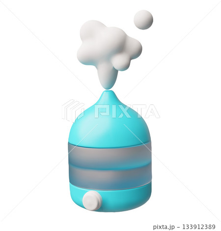 Electric air humidifier with round button and moisture steam flow 3D cartoon plastic style vector icon, home appliance 133912389