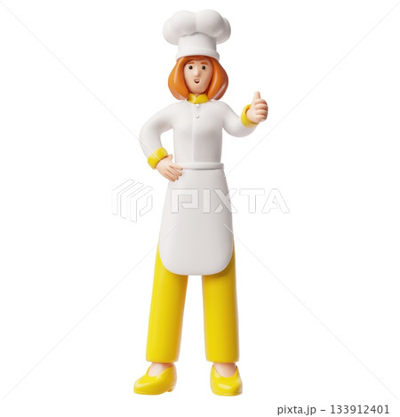 A 3D female chef with red hair, wearing a hat, apron, and yellow pants, giving a thumbs-up sign. 133912401