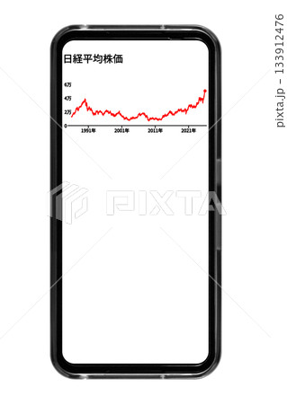 背景が白色のスマートフォン画面に長期的な株価の推移を表示させているイメージ:切り抜き透過バック素材 背景が白色のスマートフォン画面に長期的な株価の推移を表示させているイメージ:切り抜き透過バック素材 133912476