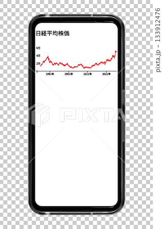 背景が白色のスマートフォン画面に長期的な株価の推移を表示させているイメージ:切り抜き透過バック素材 背景が白色のスマートフォン画面に長期的な株価の推移を表示させているイメージ:切り抜き透過バック素材 133912476