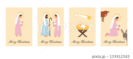 Set of Warm Pastel Christmas Cards with Nativity Scenes Holy Family, Angels, Stable Animals and Baby Jesus in the Manger Set of Warm Pastel Christmas Cards with Nativity Scenes Holy Family, Angels, Stable Animals and Baby Jesus in the Manger 133912583