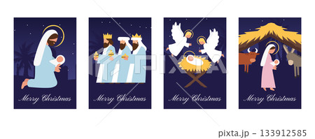 Set of Christmas Cards with Nativity Scenes Holy Family, Angels, Stable Animals and Baby Jesus in the Manger Set of Christmas Cards with Nativity Scenes Holy Family, Angels, Stable Animals and Baby Jesus in the Manger 133912585