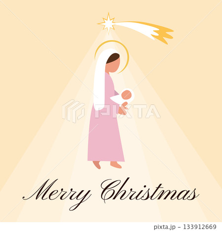 Warm Christmas Greeting Card with Mary Holding Baby Jesus and the Star of Bethlehem Soft Pastel Nativity Illustration Warm Christmas Greeting Card with Mary Holding Baby Jesus and the Star of Bethlehem Soft Pastel Nativity Illustration 133912669