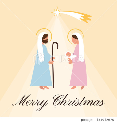 Warm Christmas Greeting Card with Holy Family Mary, Joseph and Baby Jesus under the Star of Bethlehem, Pastel Nativity Artwork 133912670