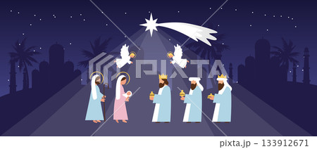 Three Wise Men Traveling under the Star of Bethlehem Bringing Gifts after the Birth of Jesus Nativity Christmas Scene 133912671