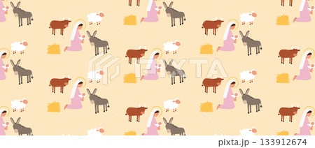 Cute Christmas Seamless Pattern with Mary Holding Baby Jesus and Stable Animals Soft Pastel Nativity Illustration 133912674