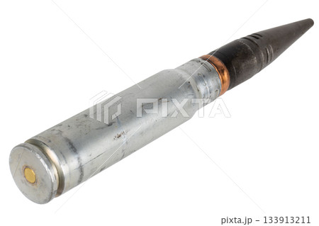 30 mm armor piecing round for automatic canon from infantry fighting vehicle BMP-2 used by the former Soviet Union. Isolated on white. 133913211