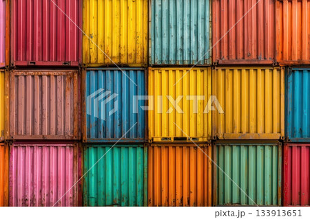 Colorful Stacked Shipping Containers Texture Background, Industrial Style Colorful Stacked Shipping Containers Texture Background, Industrial Style 133913651