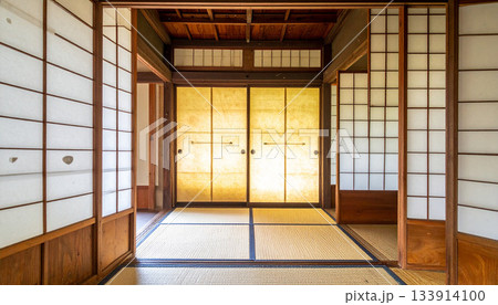 Traditional Japanese Room with Tatami Mats and Shoji Screens Traditional Japanese Room with Tatami Mats and Shoji Screens 133914100