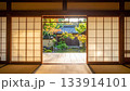 Traditional Japanese Garden View Through Shoji Doors 133914101