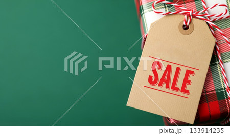 Plaid-wrapped gift with SALE tag. Christmas discounts, seasonal offers, and holiday shopping. 133914235