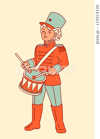 A clip art illustration of a child drummer in a vintage soldier uniform. A retro and playful graphic element. A clip art illustration of a child drummer in a vintage soldier uniform. A retro and playful graphic element. 133914330