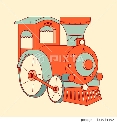A simple clip art illustration of a retro toy train, isolated on a white background. Perfect for childhood-themed projects and vintage designs. 133914492