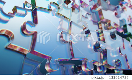 Metallic Puzzle Pieces: Iridescent Interlocking Shapes Create Colorful Abstract Art and Design 133914725