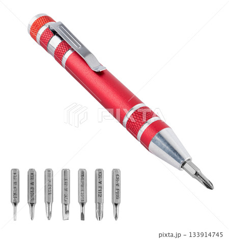 Practical screwdriver with a set of bits that can be conveniently stored in a compact case. Practical screwdriver with a set of bits that can be conveniently stored in a compact case. 133914745