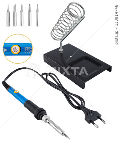 Electric soldering iron with interchangeable tips and a convenient metal stand for working. Electric soldering iron with interchangeable tips and a convenient metal stand for working. 133914746