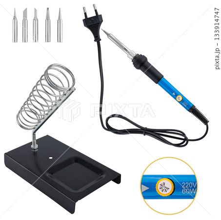 Soldering iron with adjustable heating, interchangeable tips and a stable stand for storage. Soldering iron with adjustable heating, interchangeable tips and a stable stand for storage. 133914747