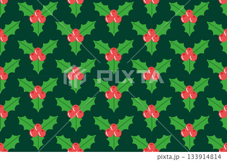 Seamless festive pattern with holly leaves and red berries on deep green background. Seamless festive pattern with holly leaves and red berries on deep green background. 133914814