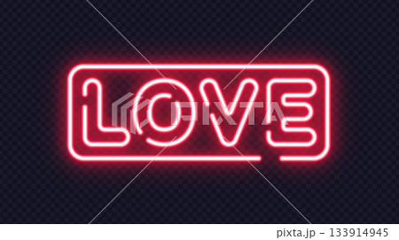Neon LOVE typography in a rectangle frame with vibrant red glow, perfect for romantic themes. 133914945