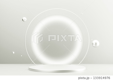 Bright white product display podium with glowing circle. Color of 2026 year dancer in the white cloud 133914976