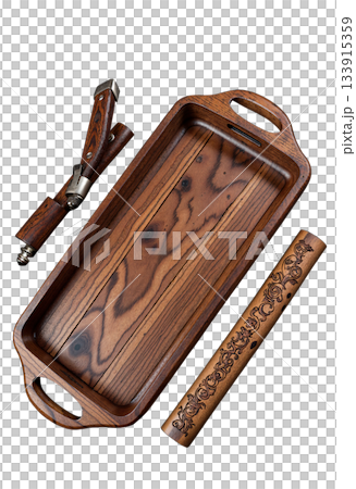 The image shows a wooden serving set consisting of a rectangular tray with handles, a folding knife 133915359